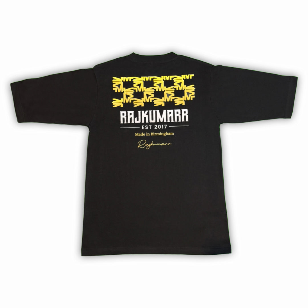 Rajkumarr black oversized T-shirt featuring structured shoulders and bold streetwear aesthetic-luxury modern fit.