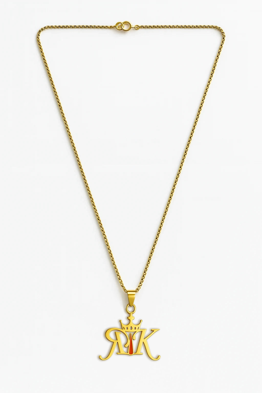 Rajkumarr signature RK pendant necklace with red vermillion detailing displayed against a clean product background, showing the full chain and pendant in high clarity.