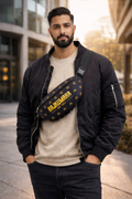 Rajkumarr black waist bag front view – streetwear crossbody bum bag for men UK