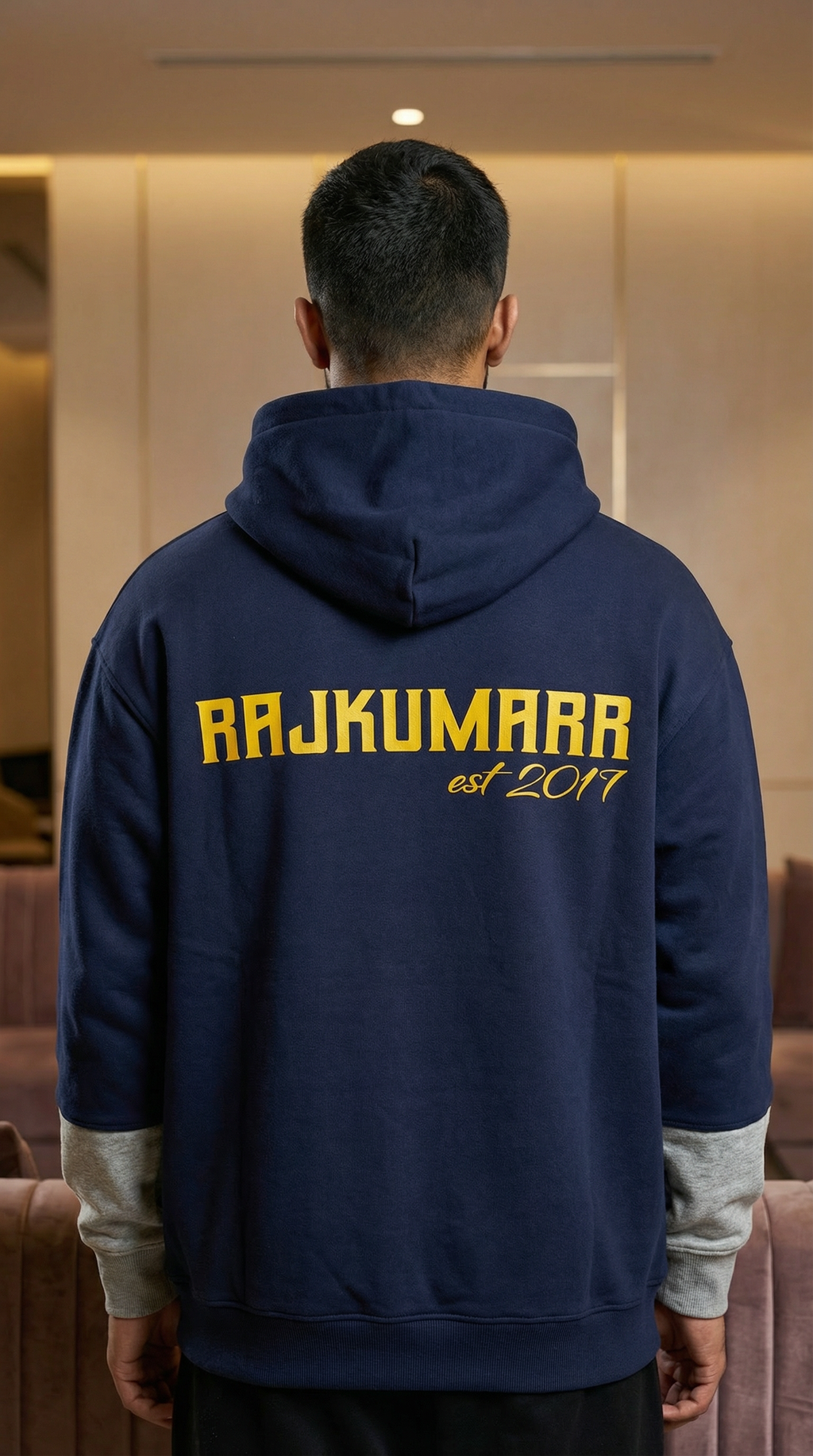 Rajkumarr navy blue oversized hoodie back view – premium heavyweight streetwear UK