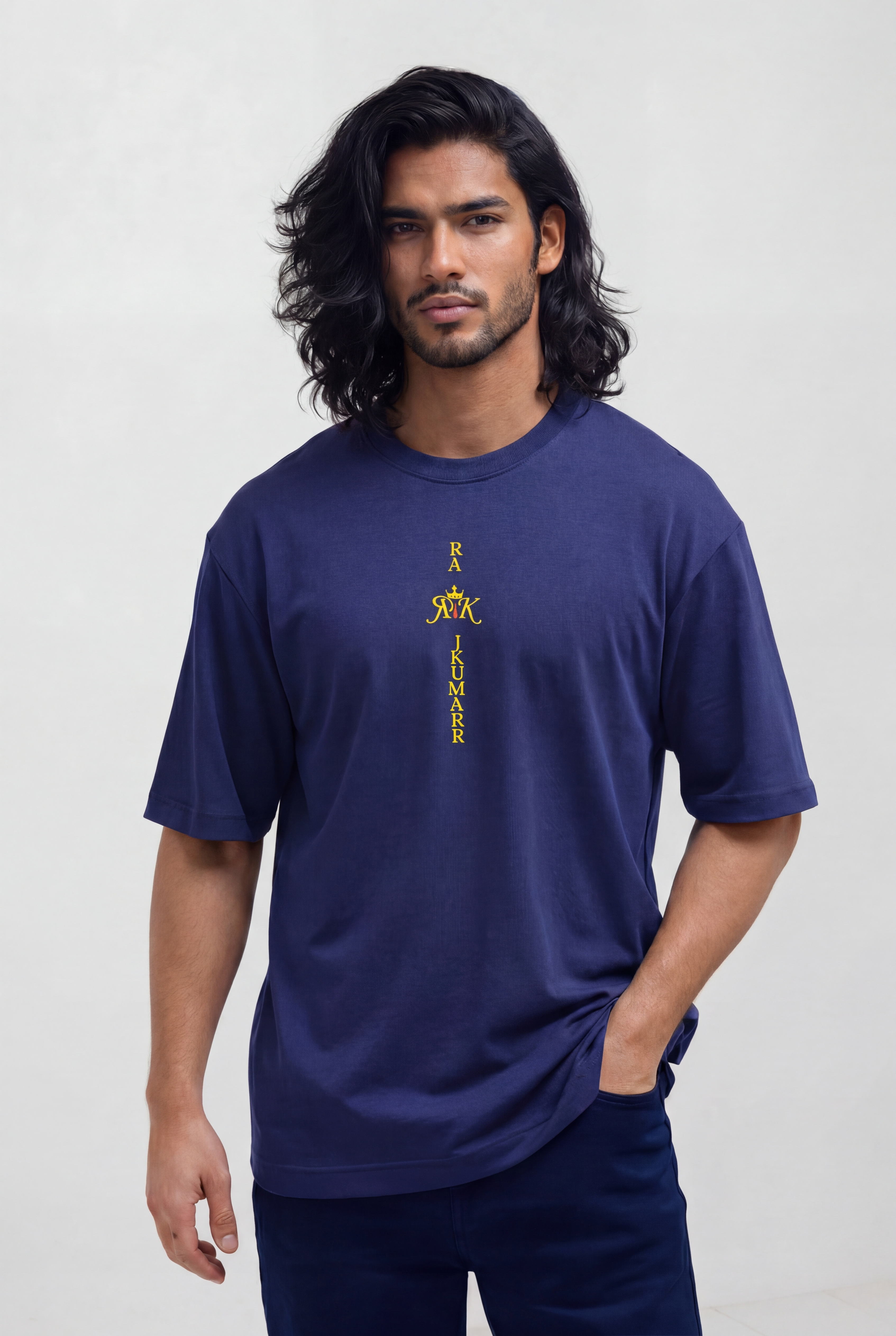 Rajkumarr men's navy blue oversized t-shirt front view – heavyweight streetwear tee