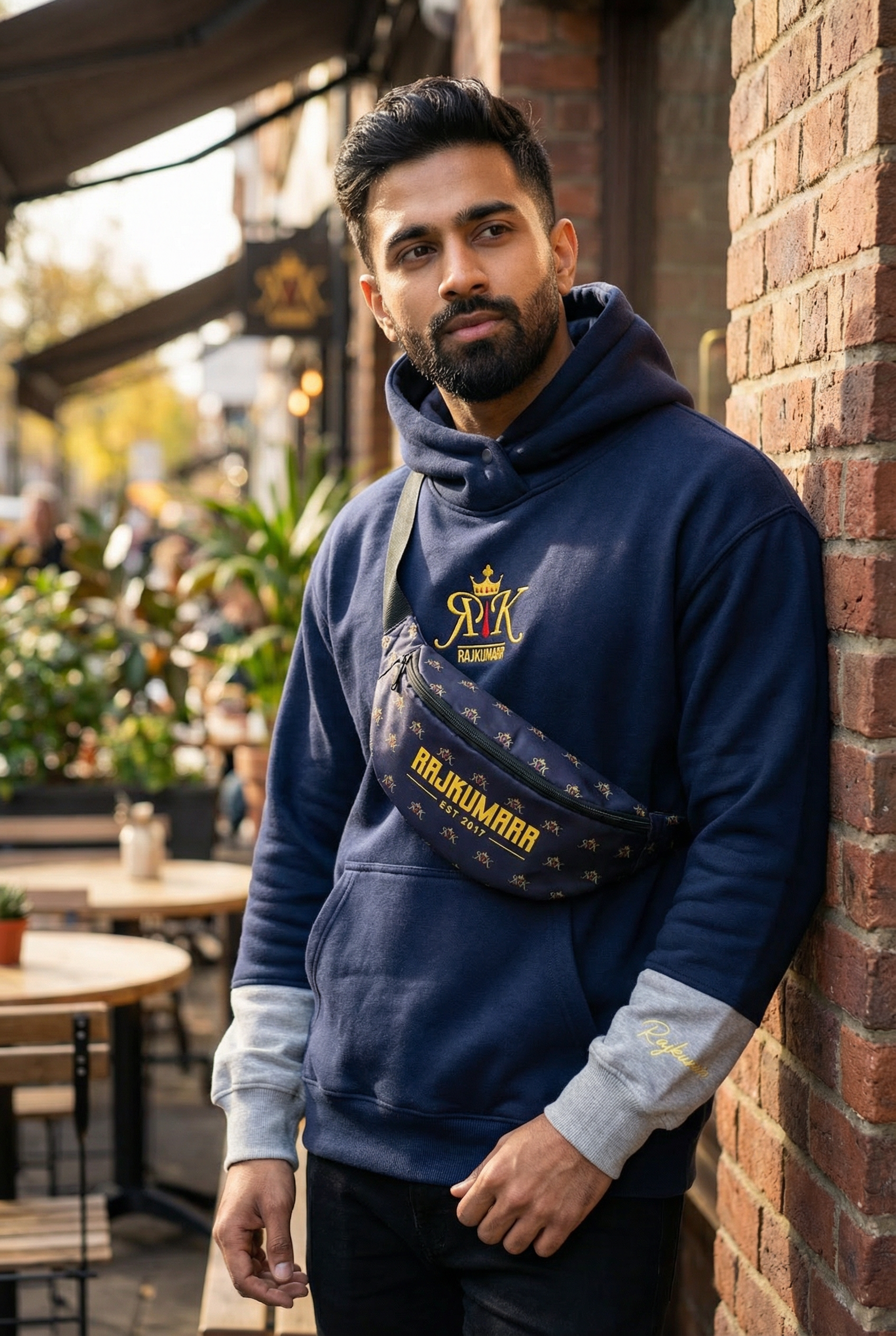 Rajkumarr navy blue waist bag front view – streetwear crossbody bum bag for men UK