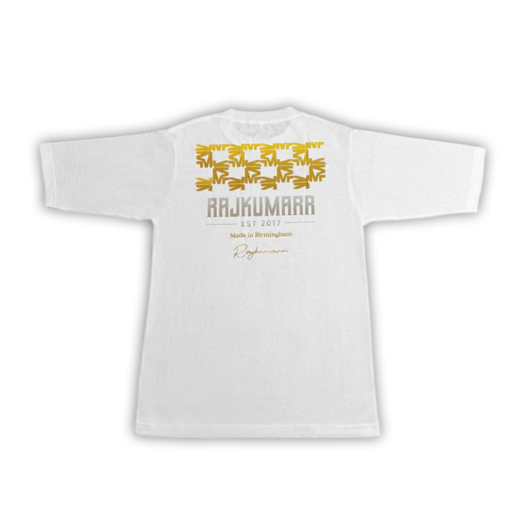 Rajkumarr white oversized t-shirt back view – minimal streetwear design UK